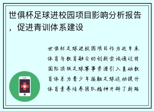 世俱杯足球进校园项目影响分析报告，促进青训体系建设