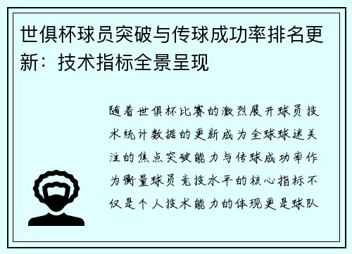 世俱杯球员突破与传球成功率排名更新：技术指标全景呈现